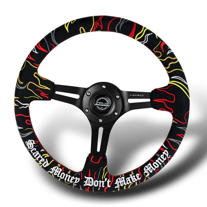 NRG 14" 350mm Ryan Litteral 6-Bolt Hole V3 Black Suede Grip With Aluminum Finished 3-Spoke 3 Inch Deep Dish Steering Wheel RST-018MB-RLB -Black Spoke - Image 4