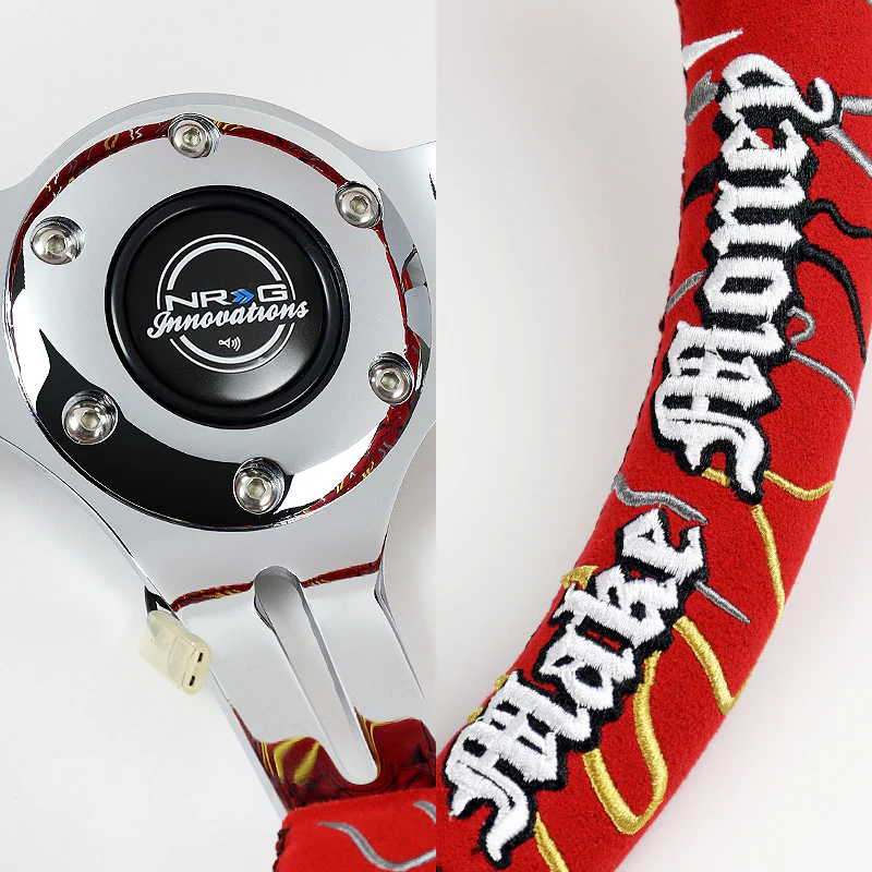 NRG 14" 350mm Ryan Litteral 6-Bolt Hole V3 Red Suede Grip With Aluminum Finished 3-Spoke 3 Inch Deep Dish Steering Wheel RST-018CH-RLR -Chrome Spoke - Image 3