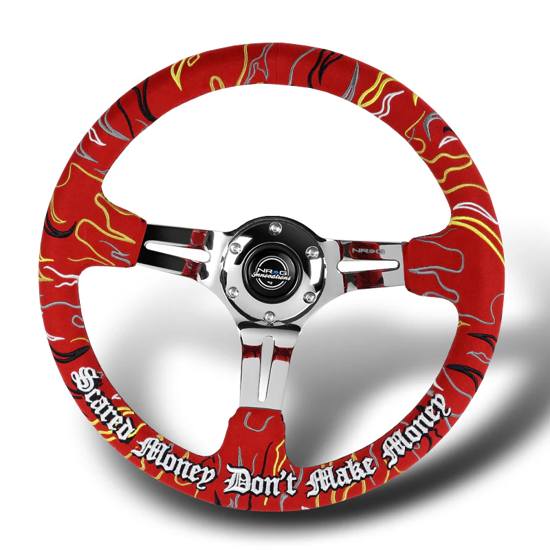 NRG 14" 350mm Ryan Litteral 6-Bolt Hole V3 Red Suede Grip With Aluminum Finished 3-Spoke 3 Inch Deep Dish Steering Wheel RST-018CH-RLR -Chrome Spoke - Image 4
