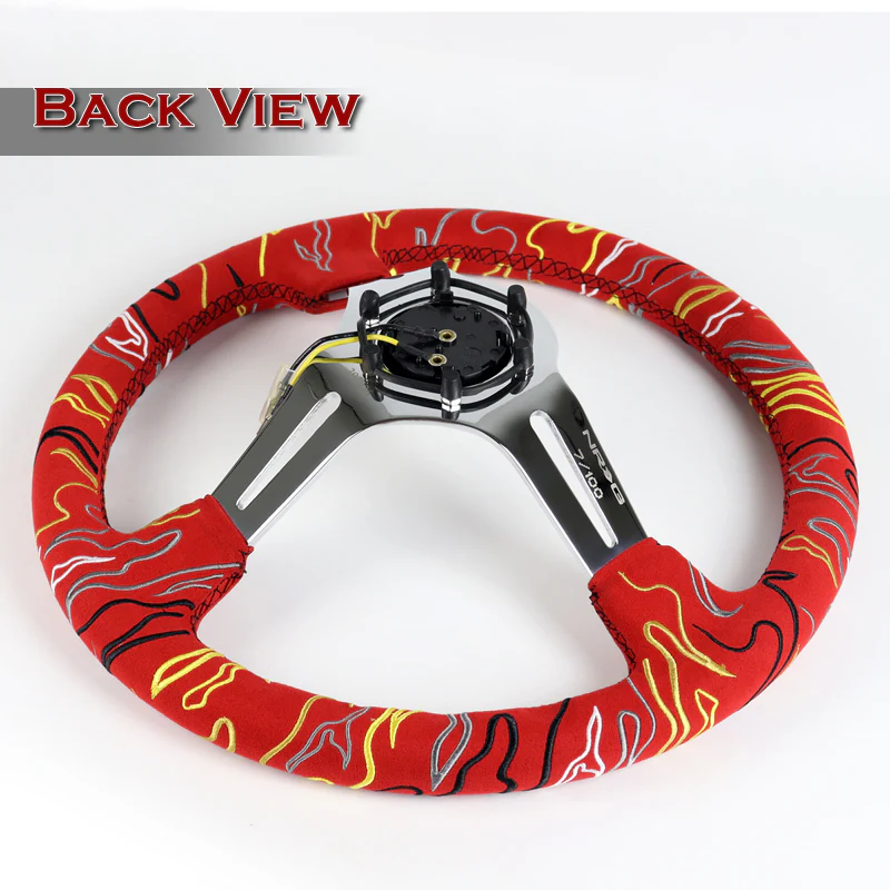 NRG 14" 350mm Ryan Litteral 6-Bolt Hole V3 Red Suede Grip With Aluminum Finished 3-Spoke 3 Inch Deep Dish Steering Wheel RST-018CH-RLR -Chrome Spoke - Image 5