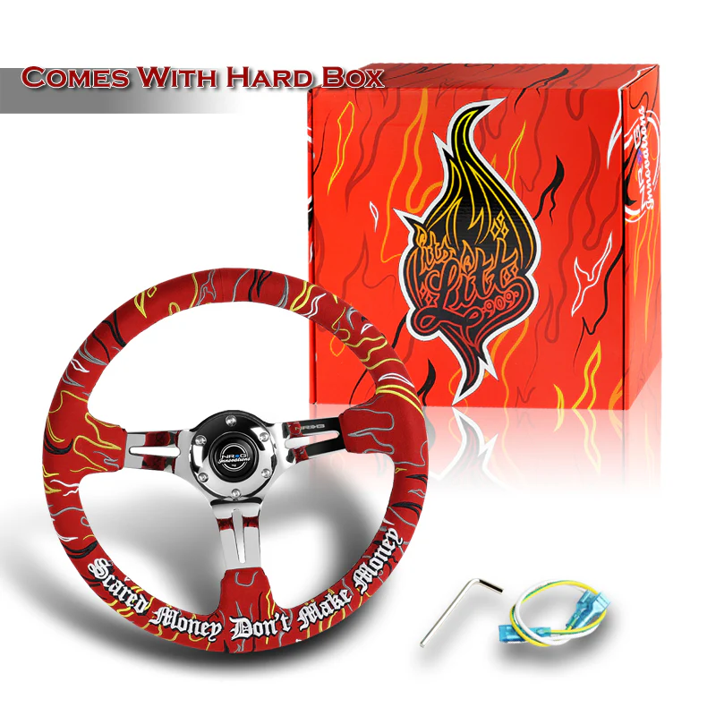 NRG 14" 350mm Ryan Litteral 6-Bolt Hole V3 Red Suede Grip With Aluminum Finished 3-Spoke 3 Inch Deep Dish Steering Wheel RST-018CH-RLR -Chrome Spoke - Image 6