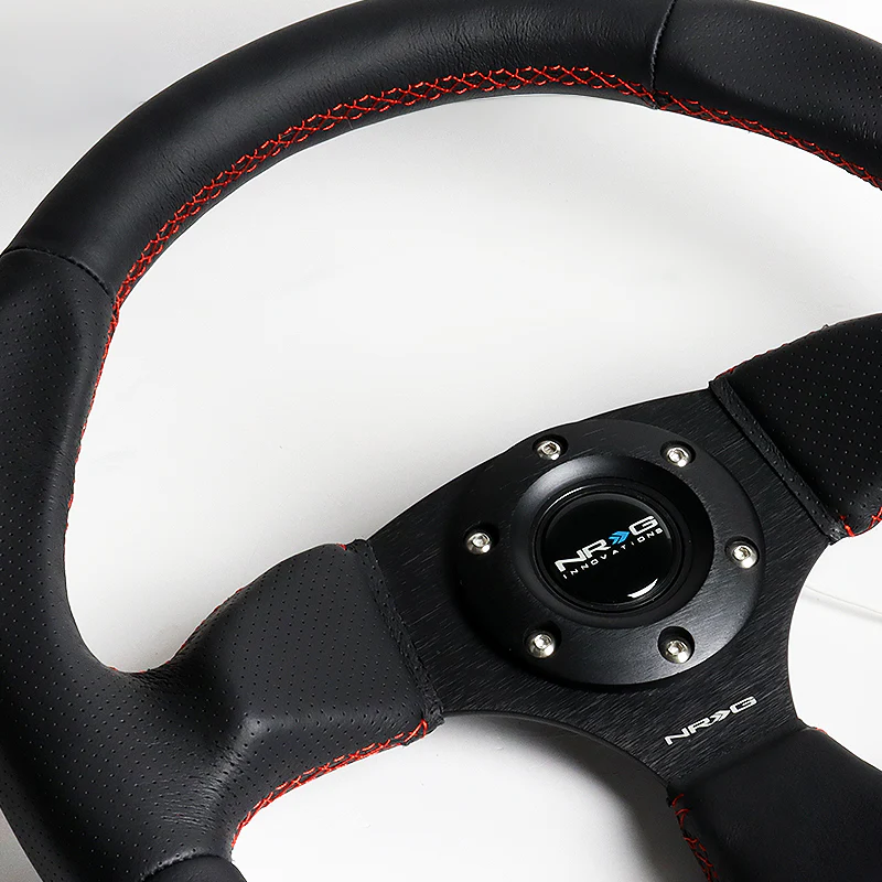NRG Racing Style 13" 320mm 6-Bolt Hole Black Leather Grip With Aluminum Finished 3-Spoke Black Center Steering Wheel RST-009R-RS -Red Stitch - Image 3
