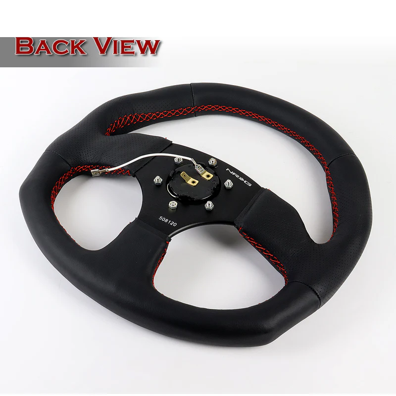 NRG Racing Style 13" 320mm 6-Bolt Hole Black Leather Grip With Aluminum Finished 3-Spoke Black Center Steering Wheel RST-009R-RS -Red Stitch - Image 4