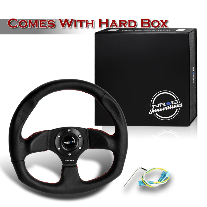 NRG Racing Style 13" 320mm 6-Bolt Hole Black Leather Grip With Aluminum Finished 3-Spoke Black Center Steering Wheel RST-009R-RS -Red Stitch - Image 5