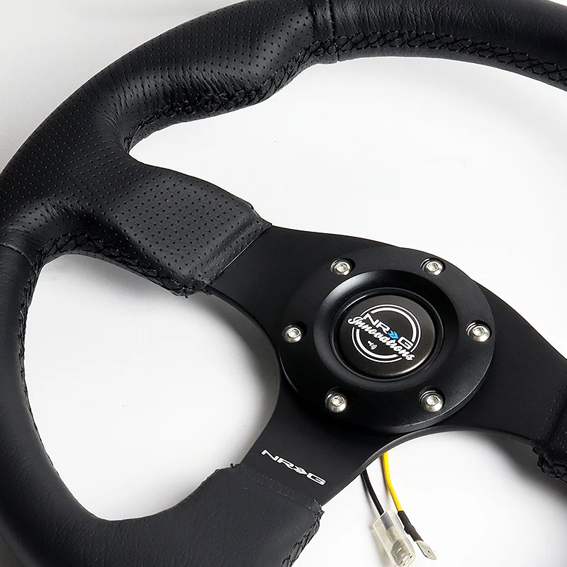 NRG Racing Style 13" 330mm 6-Bolt Hole Black Leather Grip With Aluminum Finished 3-Spoke Black Center Steering Wheel RST-012R -Black Stitch - Image 3