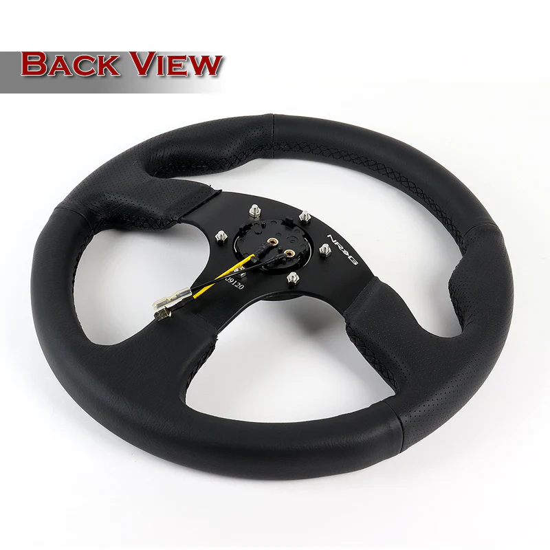 NRG Racing Style 13" 330mm 6-Bolt Hole Black Leather Grip With Aluminum Finished 3-Spoke Black Center Steering Wheel RST-012R -Black Stitch - Image 4