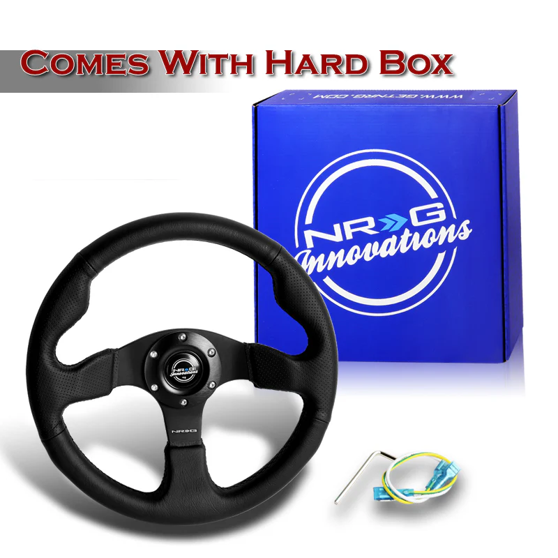 NRG Racing Style 13" 330mm 6-Bolt Hole Black Leather Grip With Aluminum Finished 3-Spoke Black Center Steering Wheel RST-012R -Black Stitch - Image 5