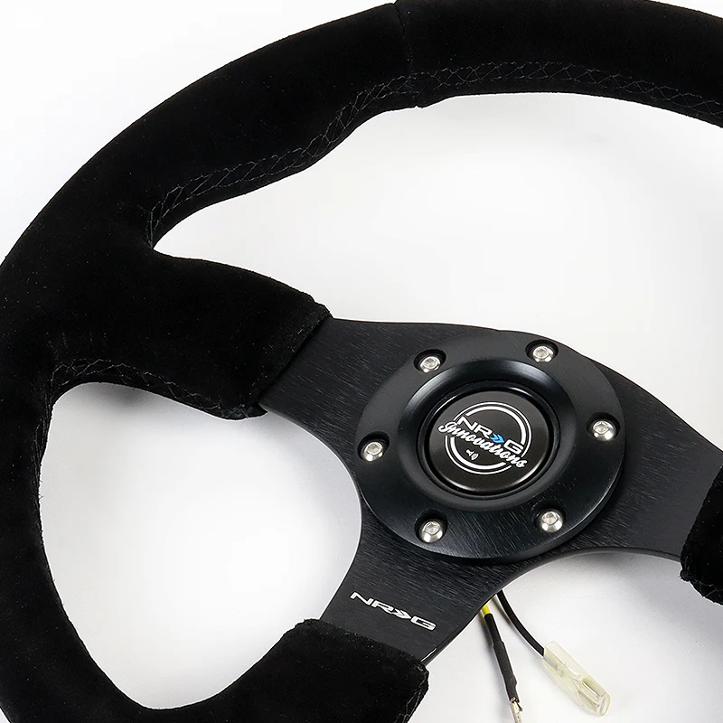 NRG Racing Style 13" 330mm 6-Bolt Hole Reinforced Black Suede Grip With Aluminum Finished 3-Spoke Black Center Steering Wheel RST-012S -Black Stitch - Image 3