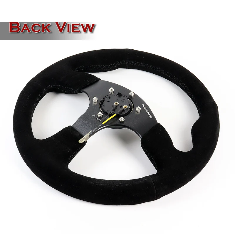 NRG Racing Style 13" 330mm 6-Bolt Hole Reinforced Black Suede Grip With Aluminum Finished 3-Spoke Black Center Steering Wheel RST-012S -Black Stitch - Image 4
