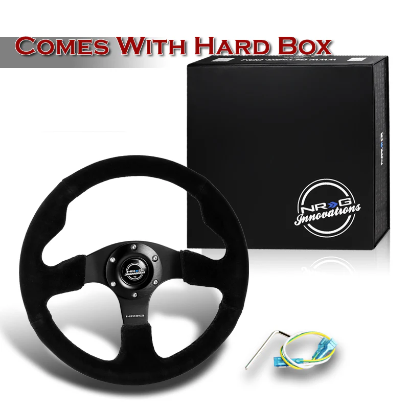 NRG Racing Style 13" 330mm 6-Bolt Hole Reinforced Black Suede Grip With Aluminum Finished 3-Spoke Black Center Steering Wheel RST-012S -Black Stitch - Image 5