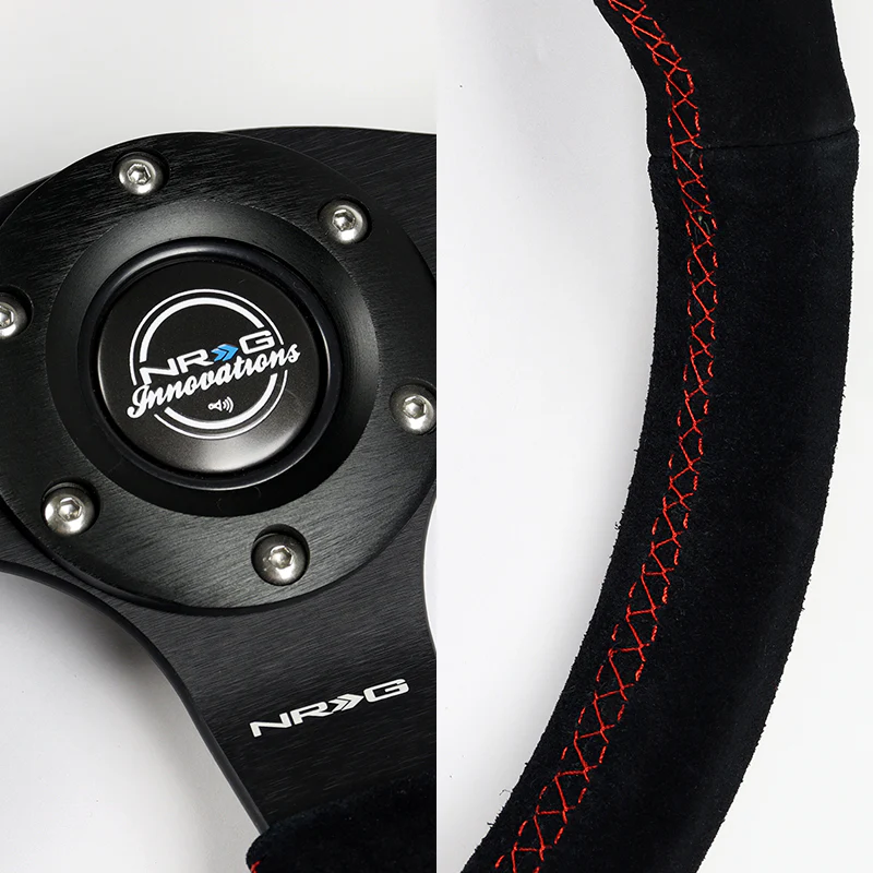 NRG Racing Style 13" 330mm 6-Bolt Hole Reinforced Black Suede Grip With Aluminum Finished 3-Spoke Black Center Steering Wheel RST-012S-RS -Red Stitch - Image 3