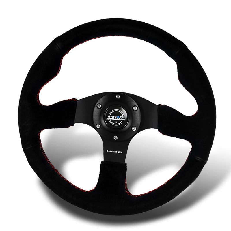 NRG Racing Style 13" 330mm 6-Bolt Hole Reinforced Black Suede Grip With Aluminum Finished 3-Spoke Black Center Steering Wheel RST-012S-RS -Red Stitch - Image 4