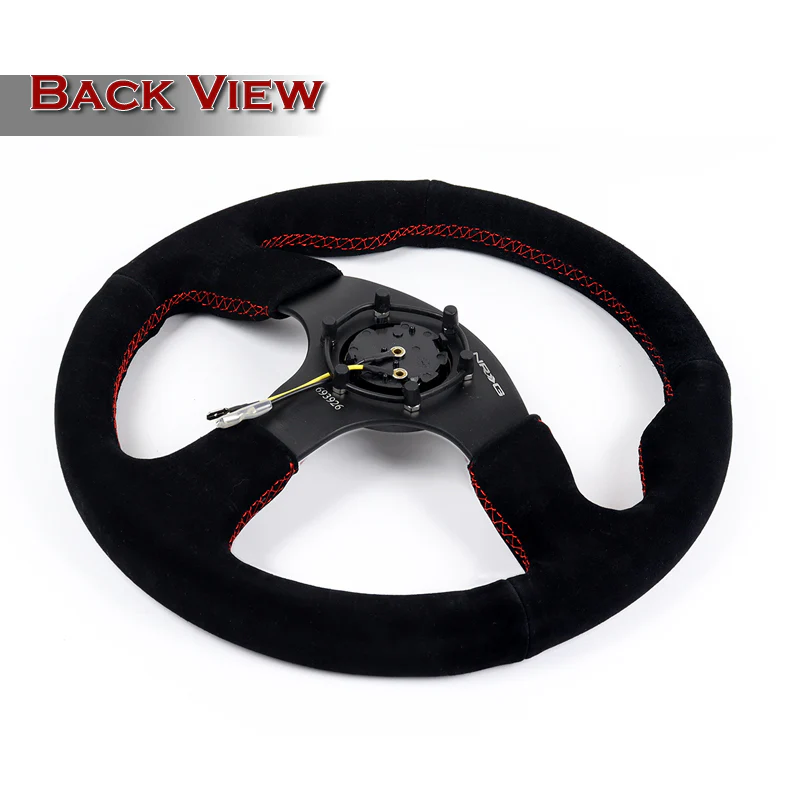 NRG Racing Style 13" 330mm 6-Bolt Hole Reinforced Black Suede Grip With Aluminum Finished 3-Spoke Black Center Steering Wheel RST-012S-RS -Red Stitch - Image 5
