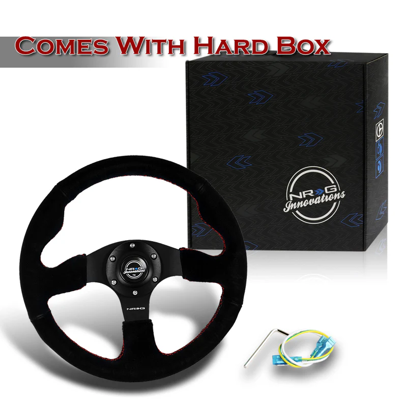 NRG Racing Style 13" 330mm 6-Bolt Hole Reinforced Black Suede Grip With Aluminum Finished 3-Spoke Black Center Steering Wheel RST-012S-RS -Red Stitch - Image 6