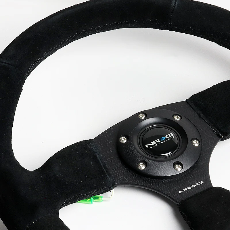 NRG Racing Style 13" 320mm 6-Bolt Hole Black Suede Grip With Aluminum Finished 3-Spoke Black Center Steering Wheel RST-009S -Black Stitch - Image 3