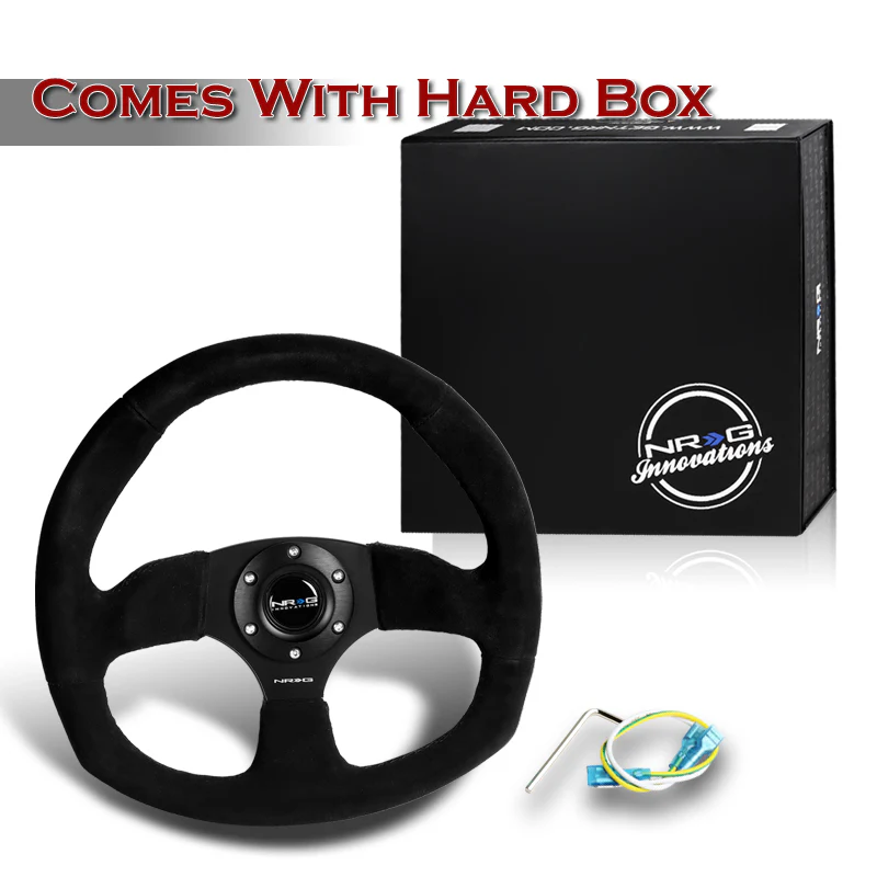 NRG Racing Style 13" 320mm 6-Bolt Hole Black Suede Grip With Aluminum Finished 3-Spoke Black Center Steering Wheel RST-009S -Black Stitch - Image 5