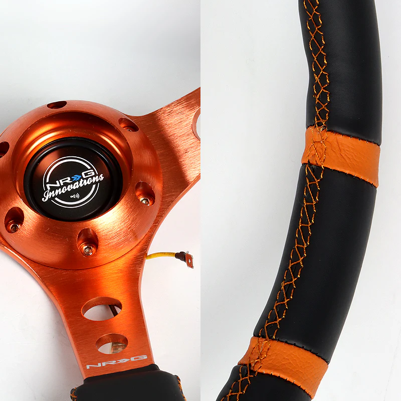 NRG Racing Style 13.75" 350mm 6-Bolt Hole Black Leather Grip With Aluminum Finished 3-Spoke 3 Inch Deep Dish Orange Center Steering Wheel RST-016R-OR -Orange Stitch - Image 3