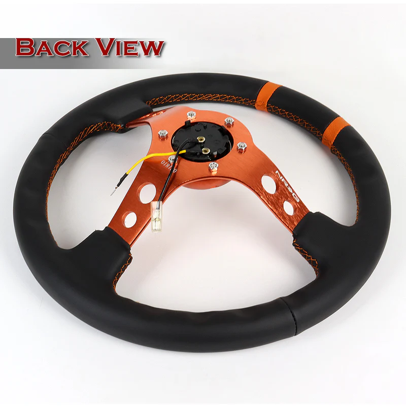 NRG Racing Style 13.75" 350mm 6-Bolt Hole Black Leather Grip With Aluminum Finished 3-Spoke 3 Inch Deep Dish Orange Center Steering Wheel RST-016R-OR -Orange Stitch - Image 4