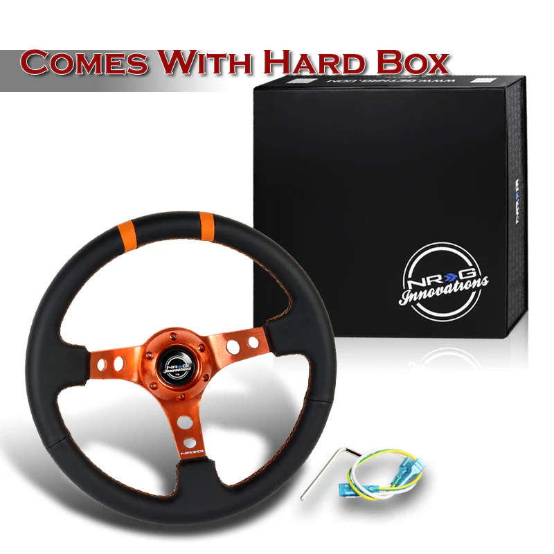 NRG Racing Style 13.75" 350mm 6-Bolt Hole Black Leather Grip With Aluminum Finished 3-Spoke 3 Inch Deep Dish Orange Center Steering Wheel RST-016R-OR -Orange Stitch - Image 5
