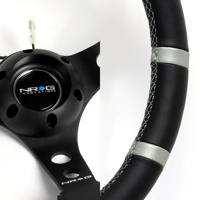 NRG Racing Style 13.75" 350mm 6-Bolt Hole Black Leather Grip With Aluminum Finished 3-Spoke 3 Inch Deep Dish Black Center Steering Wheel RST-016R-SL-Silver Stitch - Image 3