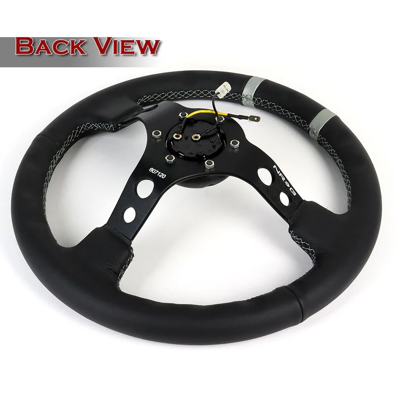 NRG Racing Style 13.75" 350mm 6-Bolt Hole Black Leather Grip With Aluminum Finished 3-Spoke 3 Inch Deep Dish Black Center Steering Wheel RST-016R-SL-Silver Stitch - Image 4