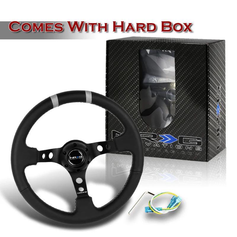 NRG Racing Style 13.75" 350mm 6-Bolt Hole Black Leather Grip With Aluminum Finished 3-Spoke 3 Inch Deep Dish Black Center Steering Wheel RST-016R-SL-Silver Stitch - Image 5