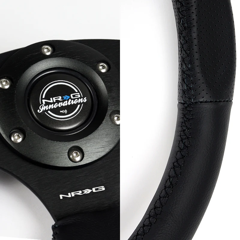 NRG Racing Style 14" 350mm 6-Bolt Hole Black Leather Grip With Aluminum Finished 3-Spoke Black Center Steering Wheel RST-009R -Black Stitch - Image 3