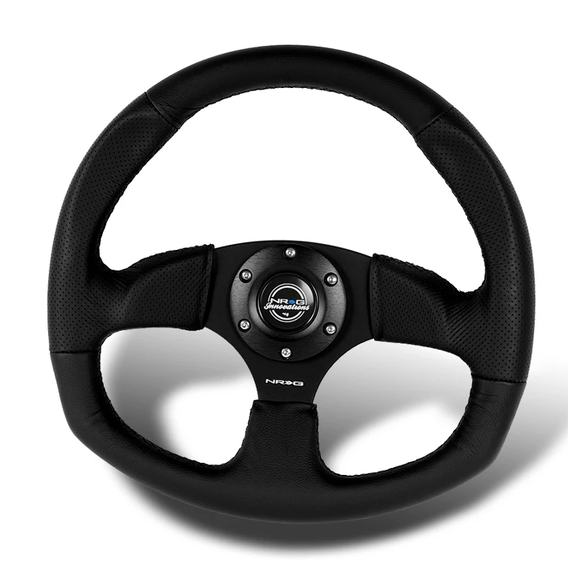 NRG Racing Style 14" 350mm 6-Bolt Hole Black Leather Grip With Aluminum Finished 3-Spoke Black Center Steering Wheel RST-009R -Black Stitch - Image 4