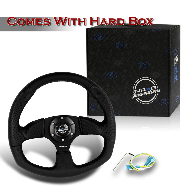 NRG Racing Style 14" 350mm 6-Bolt Hole Black Leather Grip With Aluminum Finished 3-Spoke Black Center Steering Wheel RST-009R -Black Stitch - Image 6
