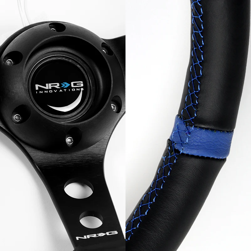 NRG Racing Style 14" 350mm 6-Bolt Hole Black Leather Grip With Aluminum Finished 3-Spoke 3 Inch Deep Dish Black Center Steering Wheel RST-016R-BK -Blue Stitch - Image 3