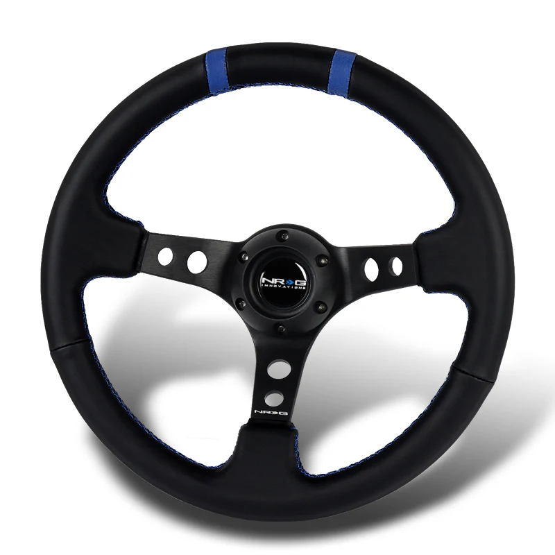 NRG Racing Style 14" 350mm 6-Bolt Hole Black Leather Grip With Aluminum Finished 3-Spoke 3 Inch Deep Dish Black Center Steering Wheel RST-016R-BK -Blue Stitch - Image 4