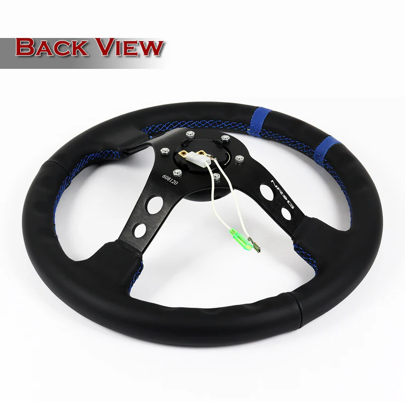 NRG Racing Style 14" 350mm 6-Bolt Hole Black Leather Grip With Aluminum Finished 3-Spoke 3 Inch Deep Dish Black Center Steering Wheel RST-016R-BK -Blue Stitch - Image 5