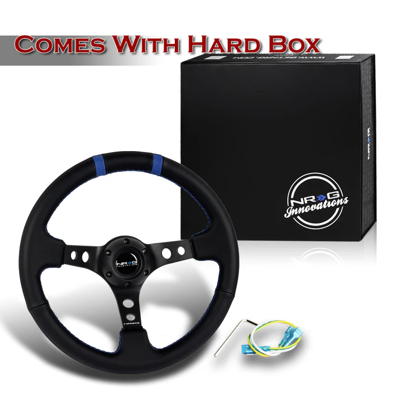 NRG Racing Style 14" 350mm 6-Bolt Hole Black Leather Grip With Aluminum Finished 3-Spoke 3 Inch Deep Dish Black Center Steering Wheel RST-016R-BK -Blue Stitch - Image 6