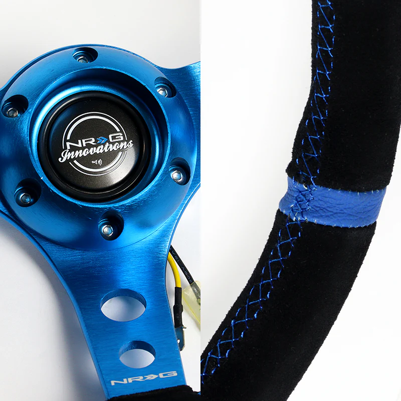 NRG Sport Style 14" 350mm 6-Bolt Hole Black Suede Grip With Aluminum Finished 3-Spoke 3 Inch Deep Dish Blue Center Steering Wheel RST-016S-BL -Blue Stitch - Image 3