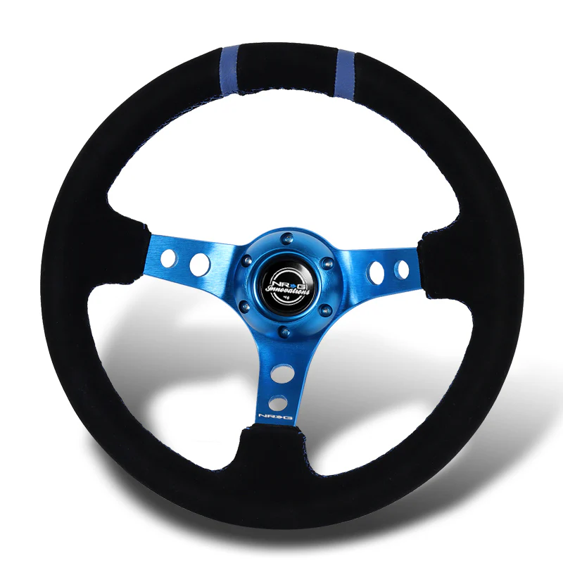NRG Sport Style 14" 350mm 6-Bolt Hole Black Suede Grip With Aluminum Finished 3-Spoke 3 Inch Deep Dish Blue Center Steering Wheel RST-016S-BL -Blue Stitch - Image 4