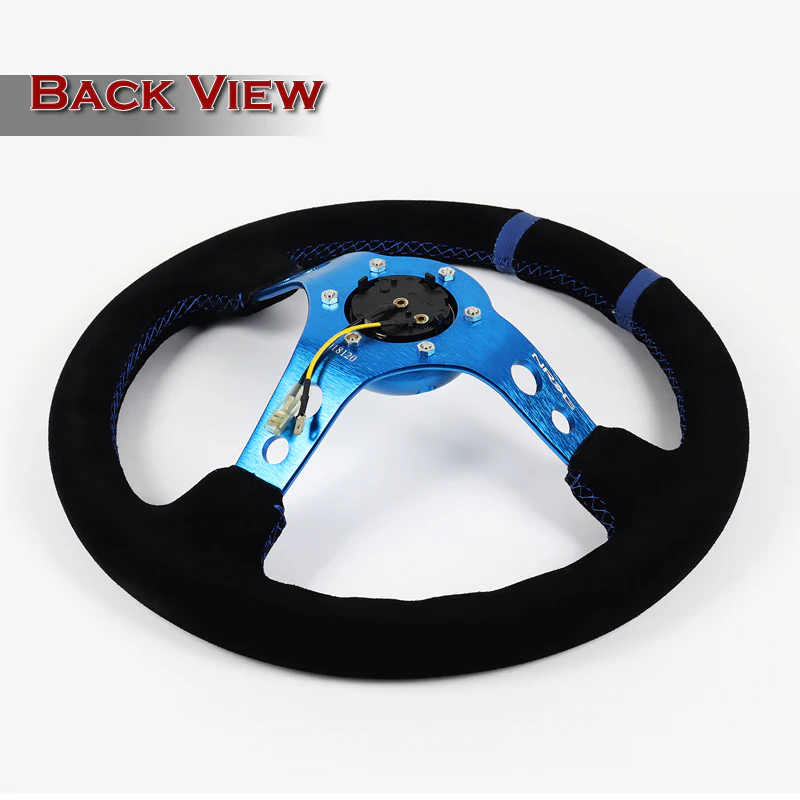 NRG Sport Style 14" 350mm 6-Bolt Hole Black Suede Grip With Aluminum Finished 3-Spoke 3 Inch Deep Dish Blue Center Steering Wheel RST-016S-BL -Blue Stitch - Image 5