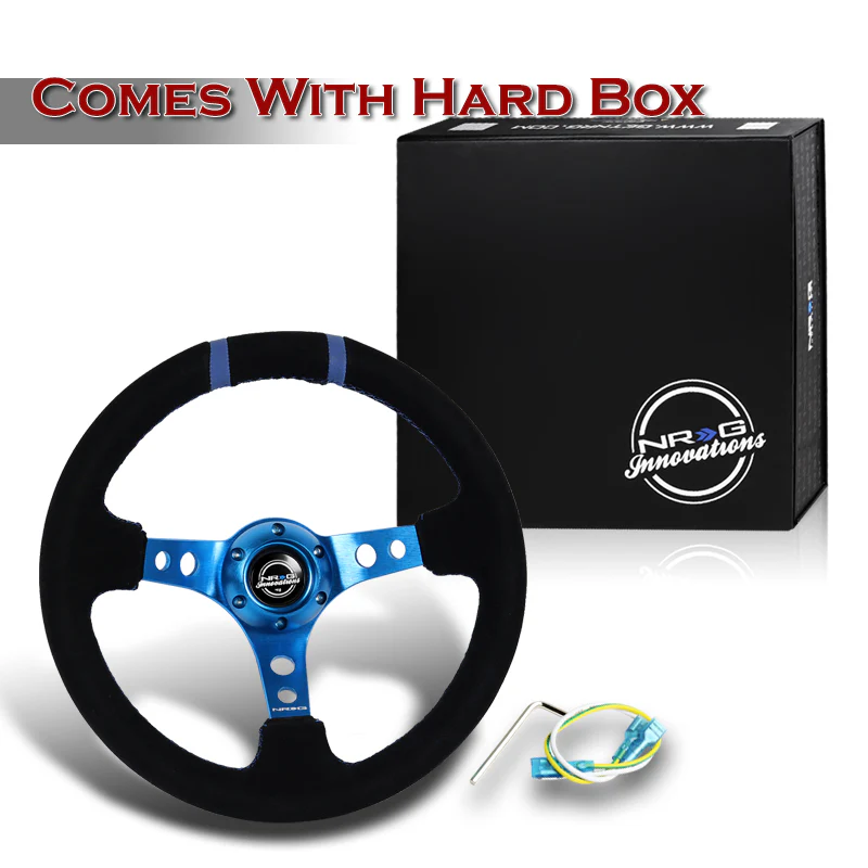 NRG Sport Style 14" 350mm 6-Bolt Hole Black Suede Grip With Aluminum Finished 3-Spoke 3 Inch Deep Dish Blue Center Steering Wheel RST-016S-BL -Blue Stitch - Image 6