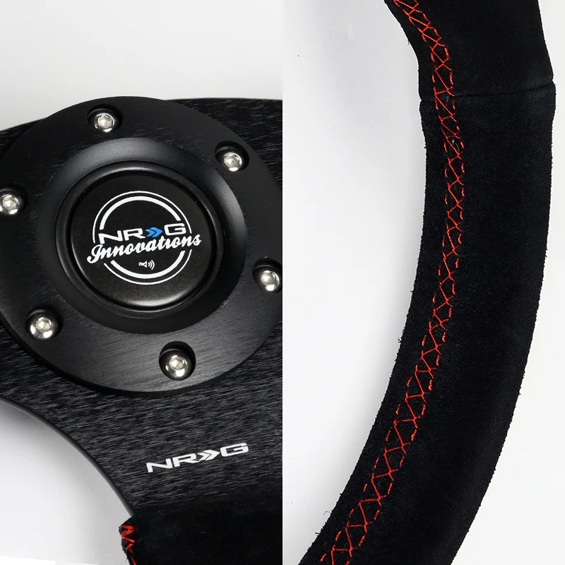 NRG Racing Style 14" 350mm 6-Bolt Hole Black Suede Grip With Aluminum Finished 3-Spoke Black Center Steering Wheel RST-009S-RS -Red Stitch - Image 3