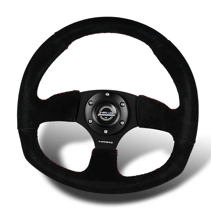 NRG Racing Style 14" 350mm 6-Bolt Hole Black Suede Grip With Aluminum Finished 3-Spoke Black Center Steering Wheel RST-009S-RS -Red Stitch - Image 4