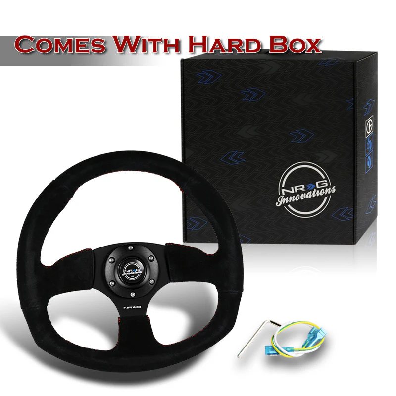 NRG Racing Style 14" 350mm 6-Bolt Hole Black Suede Grip With Aluminum Finished 3-Spoke Black Center Steering Wheel RST-009S-RS -Red Stitch - Image 6