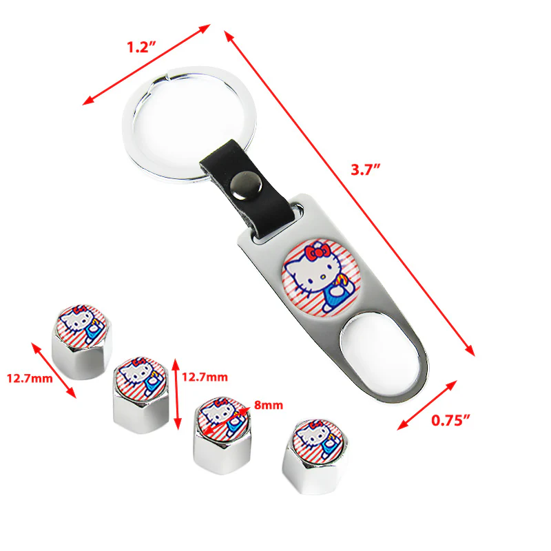 Pink Hello Kitty Car Wheel Tire Valves Dust Stem Air Caps Keychain Emblem KEY FOB Silver Set - US SELLER - Image 3