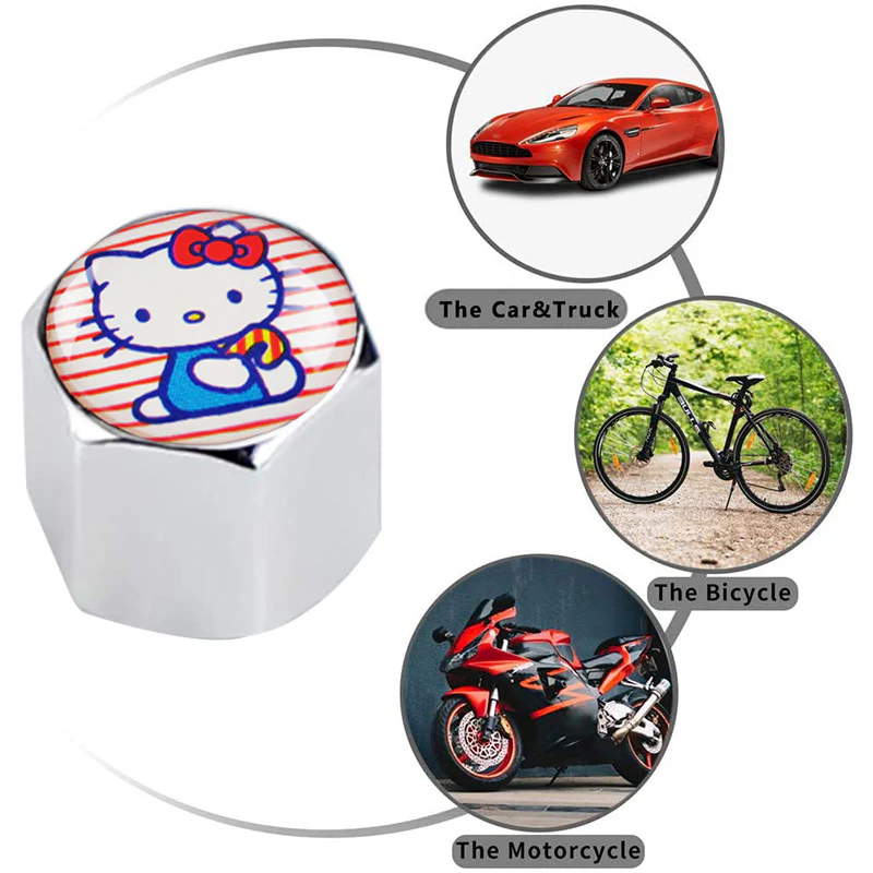 Pink Hello Kitty Car Wheel Tire Valves Dust Stem Air Caps Keychain Emblem KEY FOB Silver Set - US SELLER - Image 4