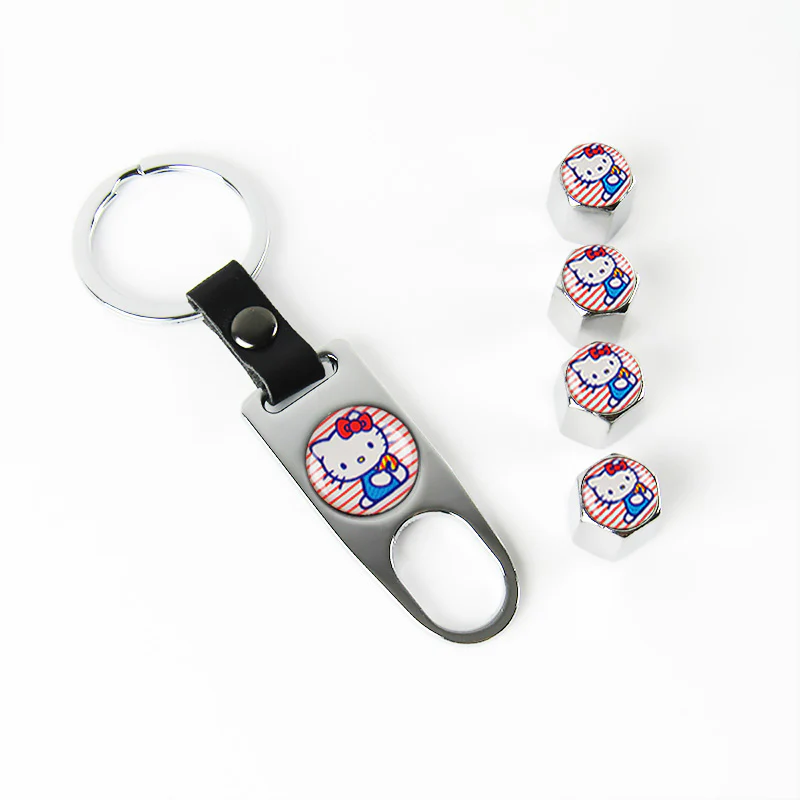 Pink Hello Kitty Car Wheel Tire Valves Dust Stem Air Caps Keychain Emblem KEY FOB Silver Set - US SELLER - Image 5