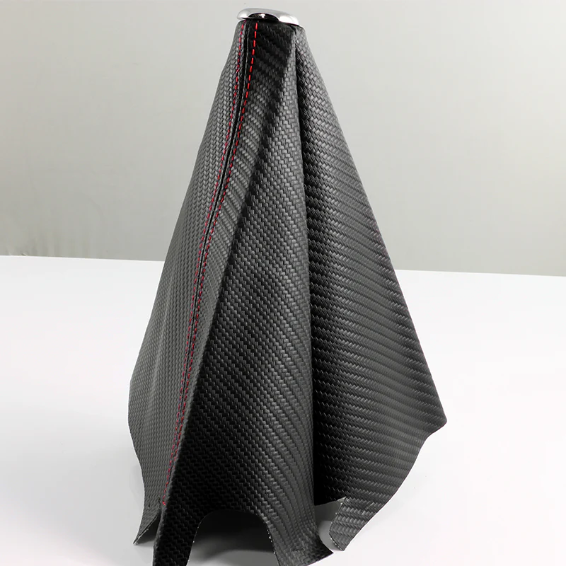 Mitsubishi Ralliart Red Stitched Black Carbon Fiber Look PVC Shifter Boot Cover - Image 4