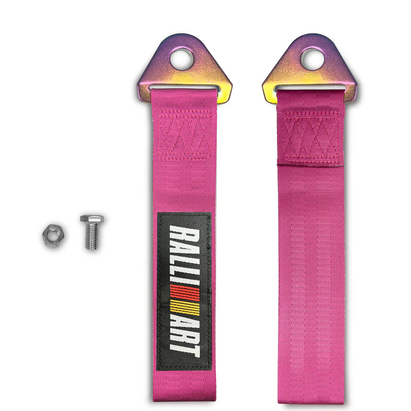 RALLIART MITSUBISHI RACING Drift Rally Sports NEO CHROME HIGH STRENGTH Pink Tow Strap for Front / Rear Bumper - Image 4