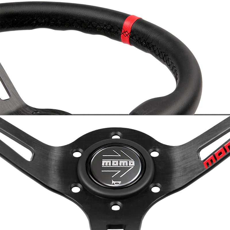 Red Line 350mm MOMO Racing Deep Dish Steering Wheel Microfiber Leather For Silver Grey momo hub - Image 2