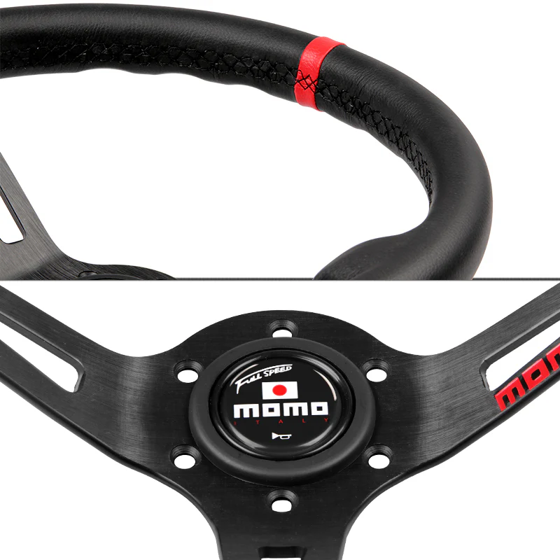 Red Line 350mm MOMO Racing Steering Wheel Microfiber Leather with MOMO Horn Button - Image 2