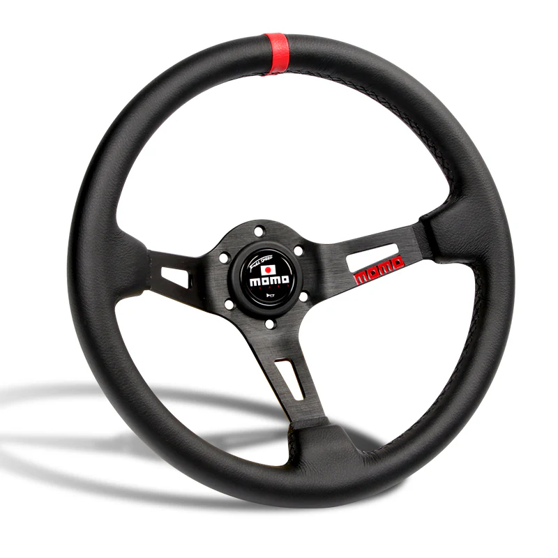 Red Line 350mm MOMO Racing Steering Wheel Microfiber Leather with MOMO Horn Button - Image 3