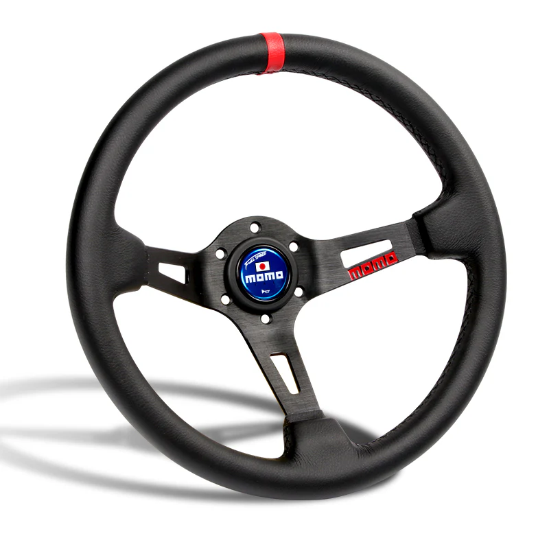 Red Line 350mm MOMO Racing Steering Wheel Microfiber Leather with MOMO Horn Button - Image 3