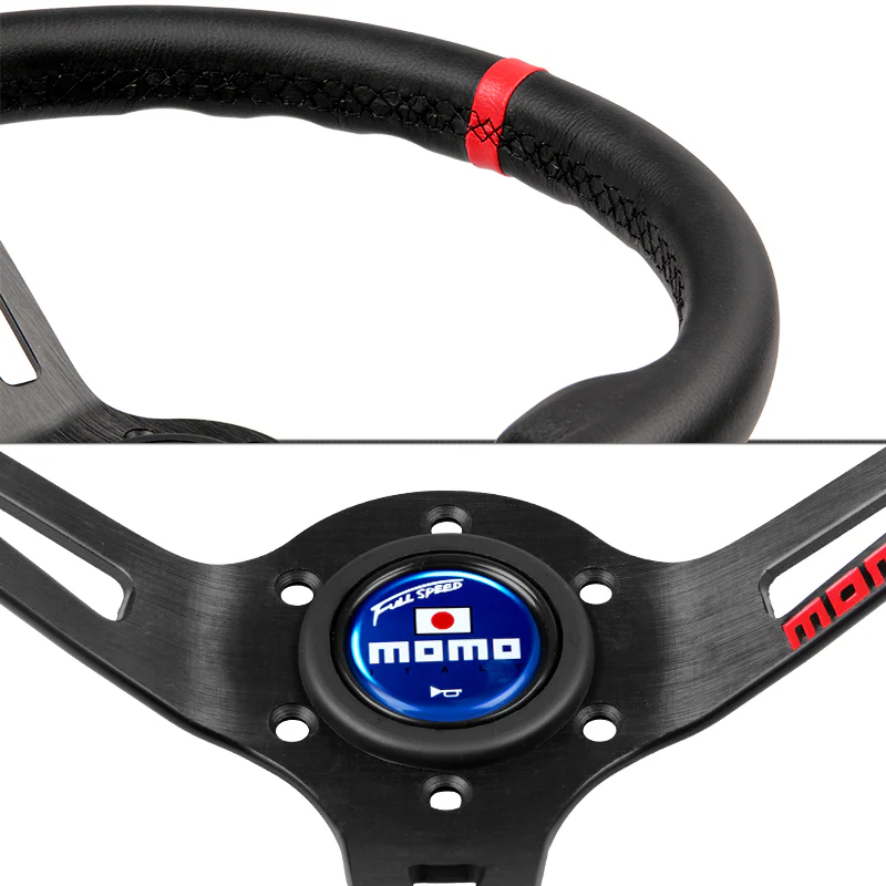 Red Line 350mm MOMO Racing Steering Wheel Microfiber Leather with MOMO Horn Button - Image 4